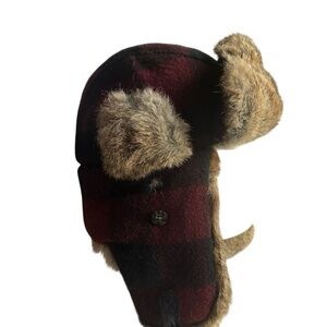 Mad Bomber Red Plaid  & Real Rabbit Fur Trapper Hat With Ear Flaps L